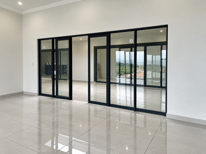 Modern open-plan retail or office space featuring polished porcelain tiles, high ceilings with recessed lighting, and sleek black aluminium-framed glass partitions.