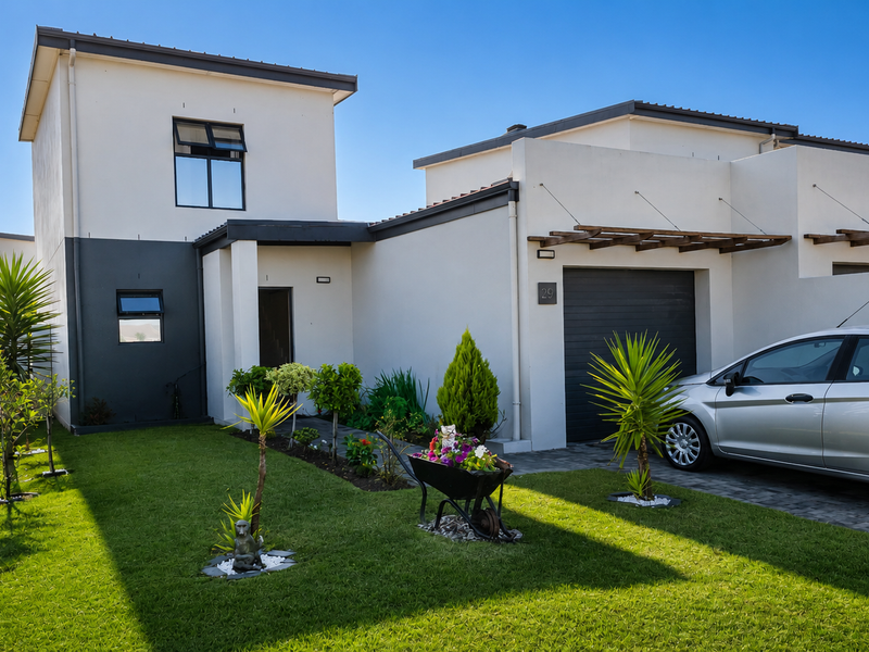 Modern townhouse exterior featuring a paved driveway, single garage, timber pergola, and a well-maintained front garden with contemporary architectural finishes.