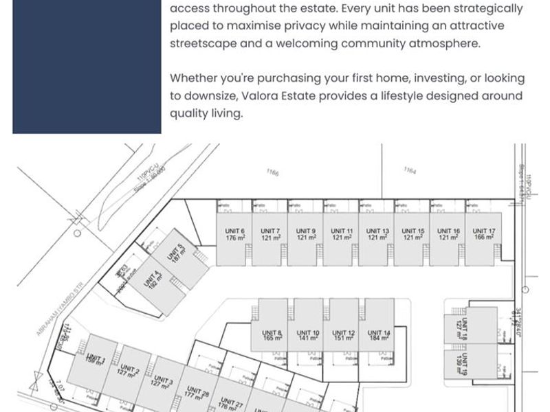 A site layout plan for Valora Estate, detailing the positioning and sizing of individual townhouse units within the community.
