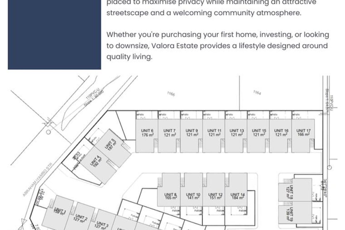A site layout plan for Valora Estate, detailing the positioning and sizing of individual townhouse units within the community.