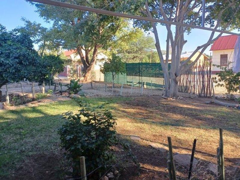 A spacious garden area featuring mature trees and wire perimeter fencing, offering a natural outdoor setting.