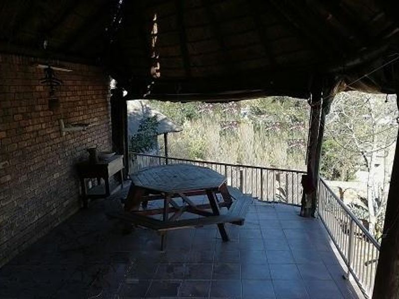 Covered outdoor patio featuring a thatched roof, exposed brick wall, and tiled flooring with metal safety railings overlooking the garden.