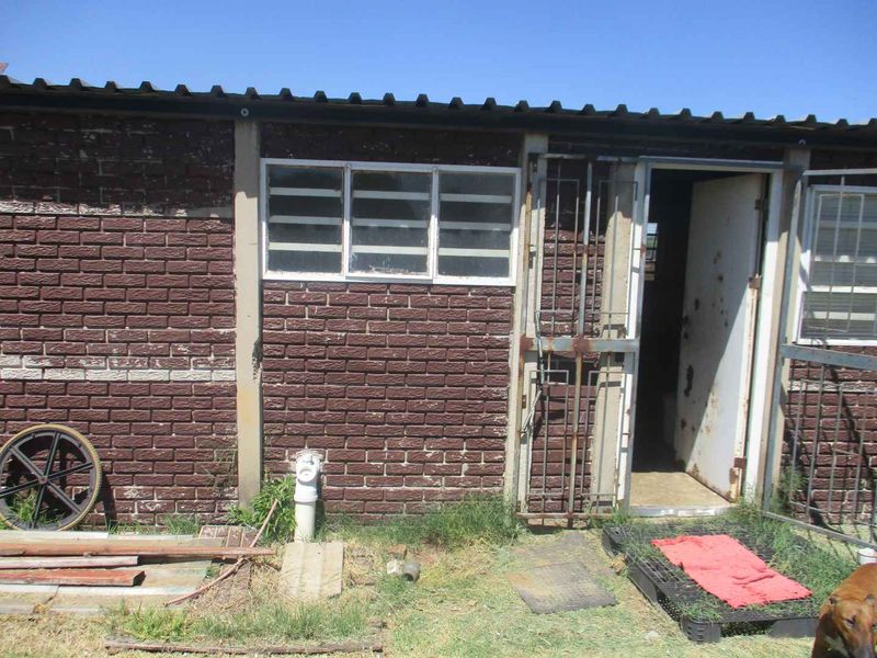 Rear exterior view of a brick structure featuring a metal roof, security gate, and visible signs of weathering and maintenance requirements.