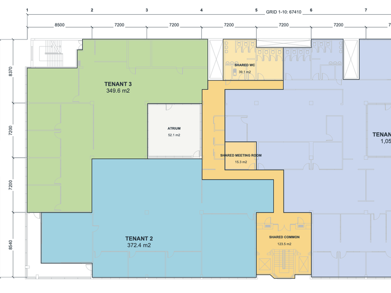 A detailed architectural floor plan showing the layout of office spaces, including tenant areas, shared meeting rooms, and common facilities.