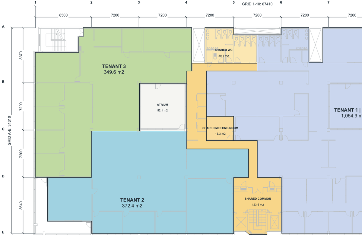 A detailed architectural floor plan showing the layout of office spaces, including tenant areas, shared meeting rooms, and common facilities.
