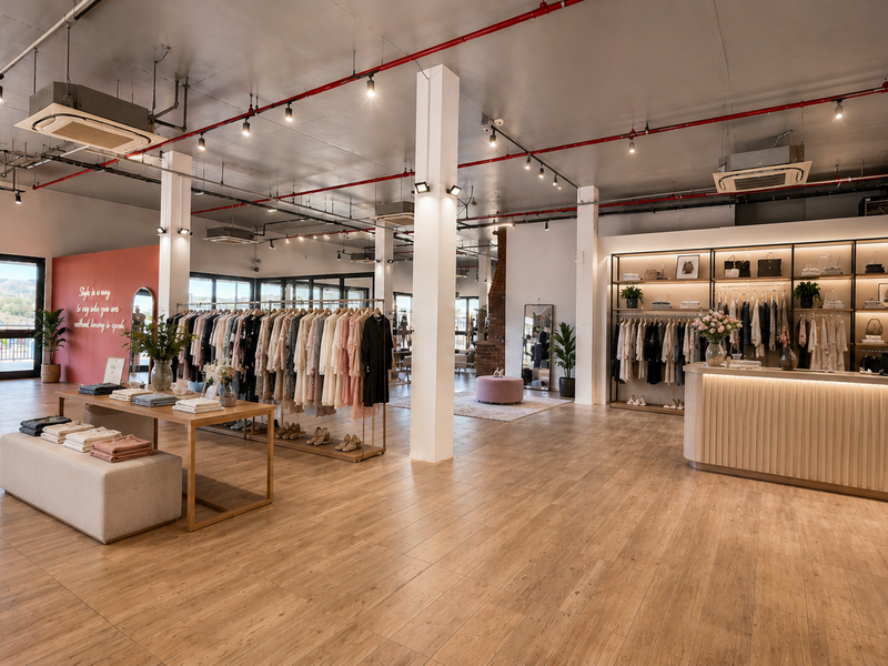 Spacious retail showroom featuring an open-plan layout, exposed industrial ceiling, modern track lighting, built-in display shelving, and a service counter with wood-look flooring.