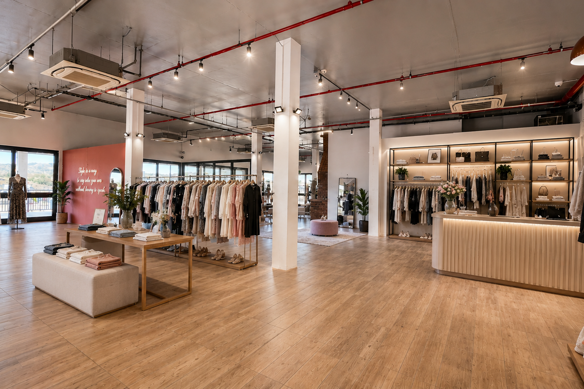 Spacious retail showroom featuring an open-plan layout, exposed industrial ceiling, modern track lighting, built-in display shelving, and a service counter with wood-look flooring.