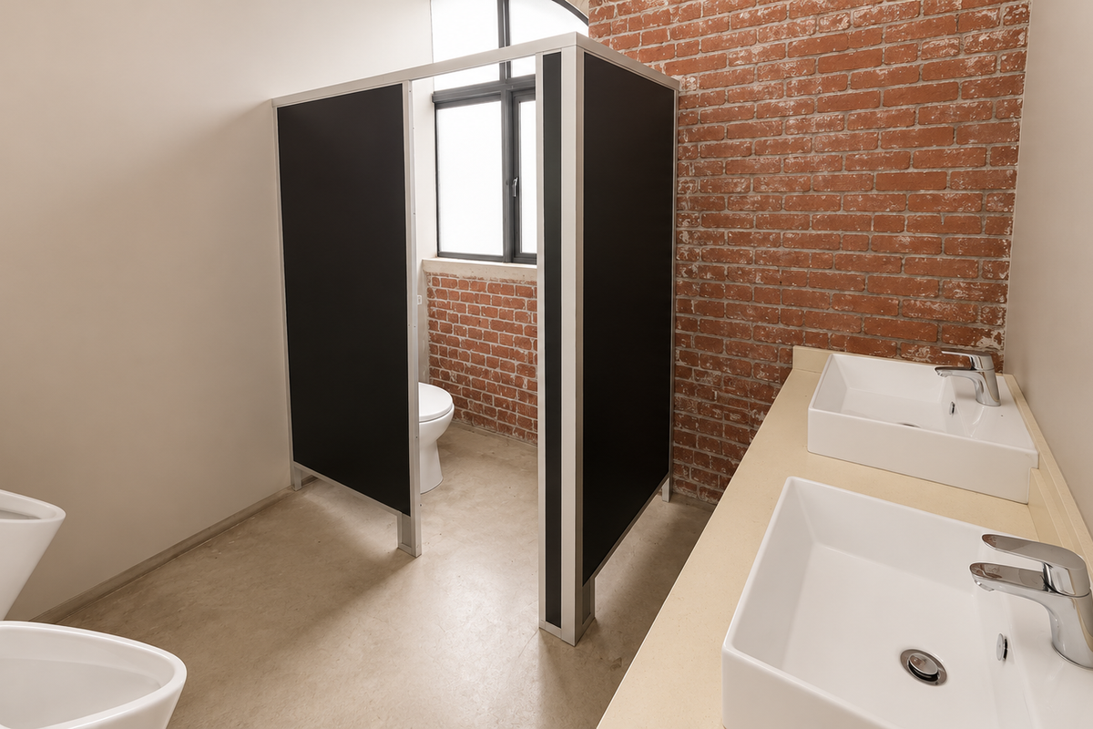 Modern office restroom featuring dual vessel sinks, exposed brick wall accents, and a private toilet cubicle with contemporary fixtures.