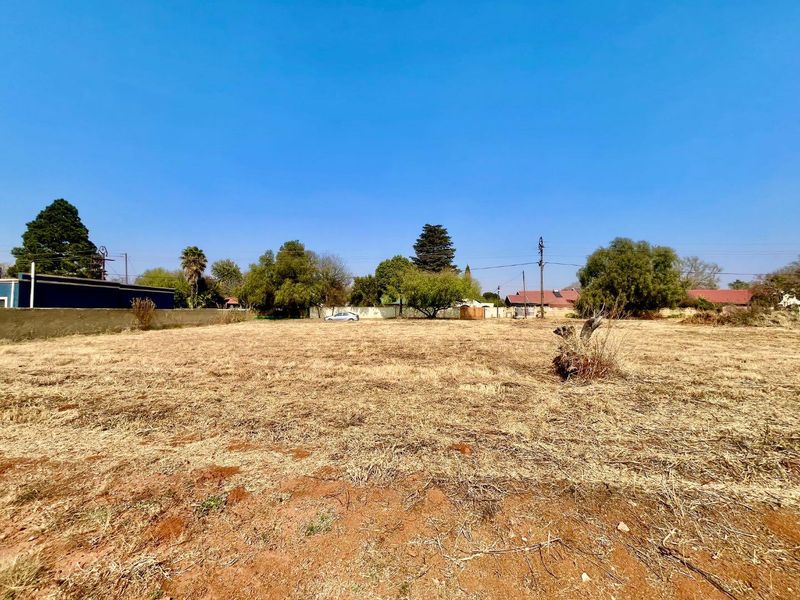 A vacant residential plot featuring dry grass, mature trees, and perimeter boundary walls, offering a clear space for future development.