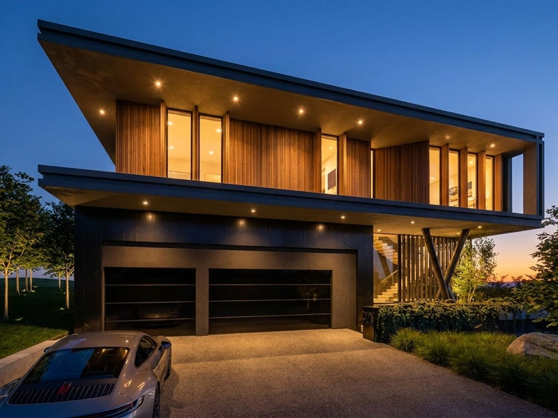 Modern architectural home featuring a cantilevered upper level with timber cladding, recessed lighting, and a spacious double garage at dusk.