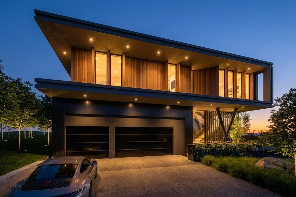 Modern architectural home featuring a cantilevered upper level with timber cladding, recessed lighting, and a spacious double garage at dusk.