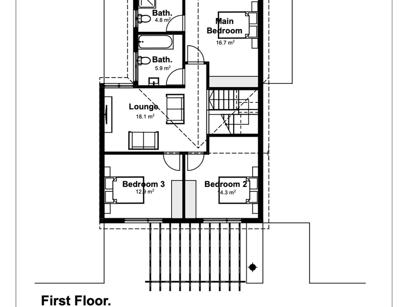 A detailed first-floor architectural floor plan showing the layout of three bedrooms, a lounge, and two bathrooms.