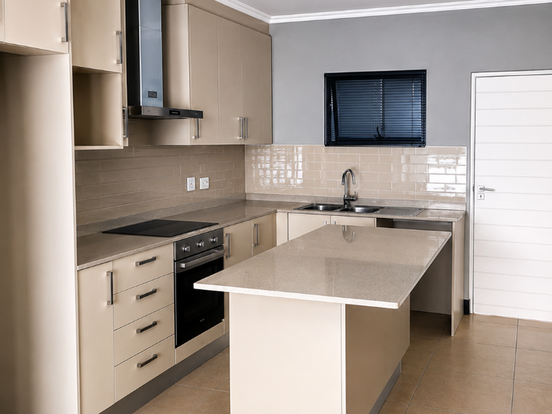 Modern kitchen featuring neutral cabinetry, stone countertops, a central island, built-in oven and hob, and tiled flooring throughout.