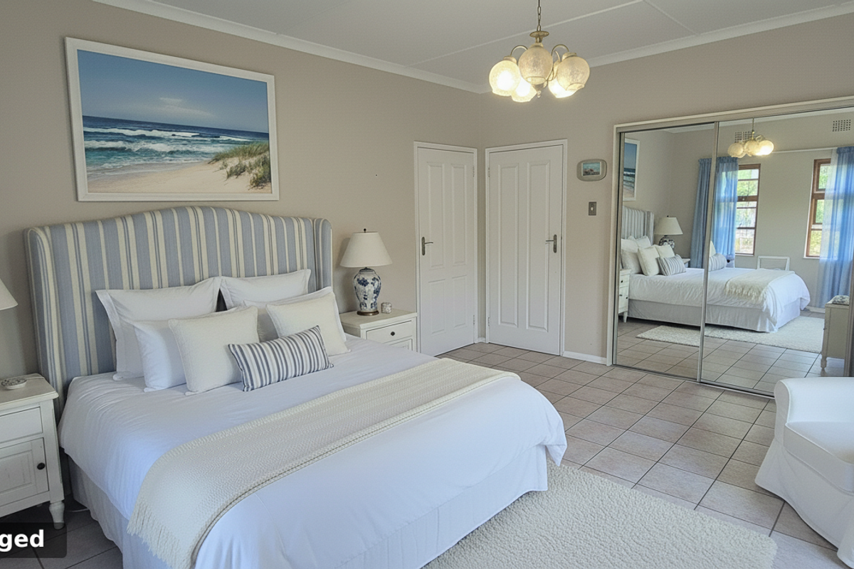 A well-maintained bedroom featuring tiled flooring, built-in mirrored sliding wardrobes, and classic panel doors.