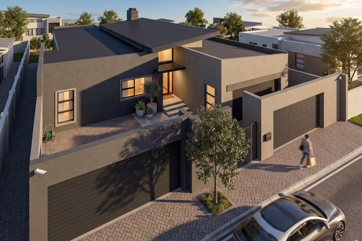 An aerial perspective of a modern architectural house design featuring a flat roof, double garage, and secure boundary walling.