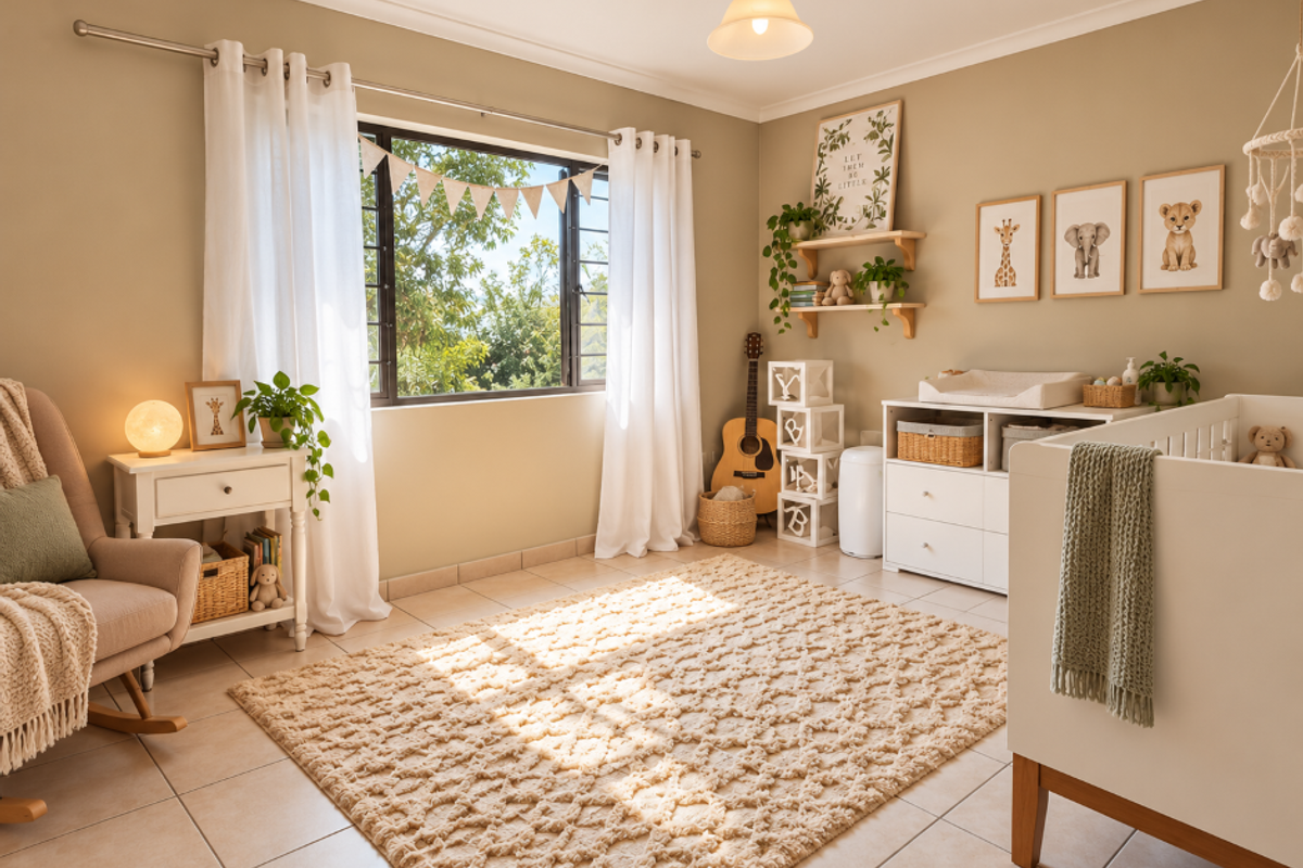 A well-maintained nursery bedroom featuring neutral wall tones, tiled flooring, and natural light through a large window.