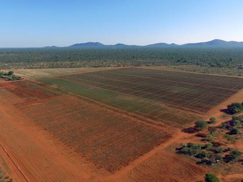 An aerial view of a large farm property featuring extensive agricultural land, structured crop fields, and surrounding natural landscape.