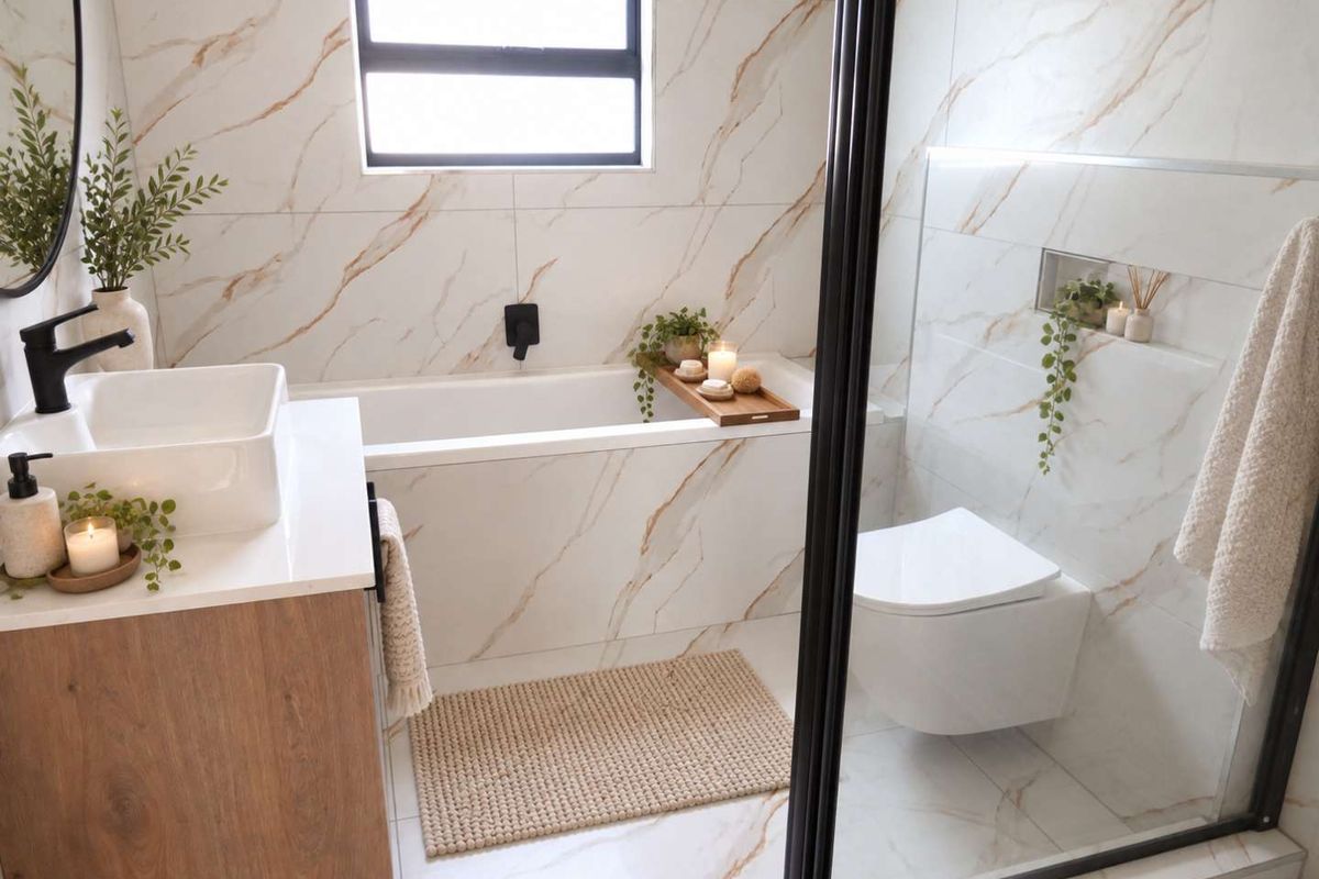 Modern bathroom featuring marble-look wall and floor tiles, a wall-mounted toilet, a built-in bathtub, and a contemporary vanity with a vessel sink.