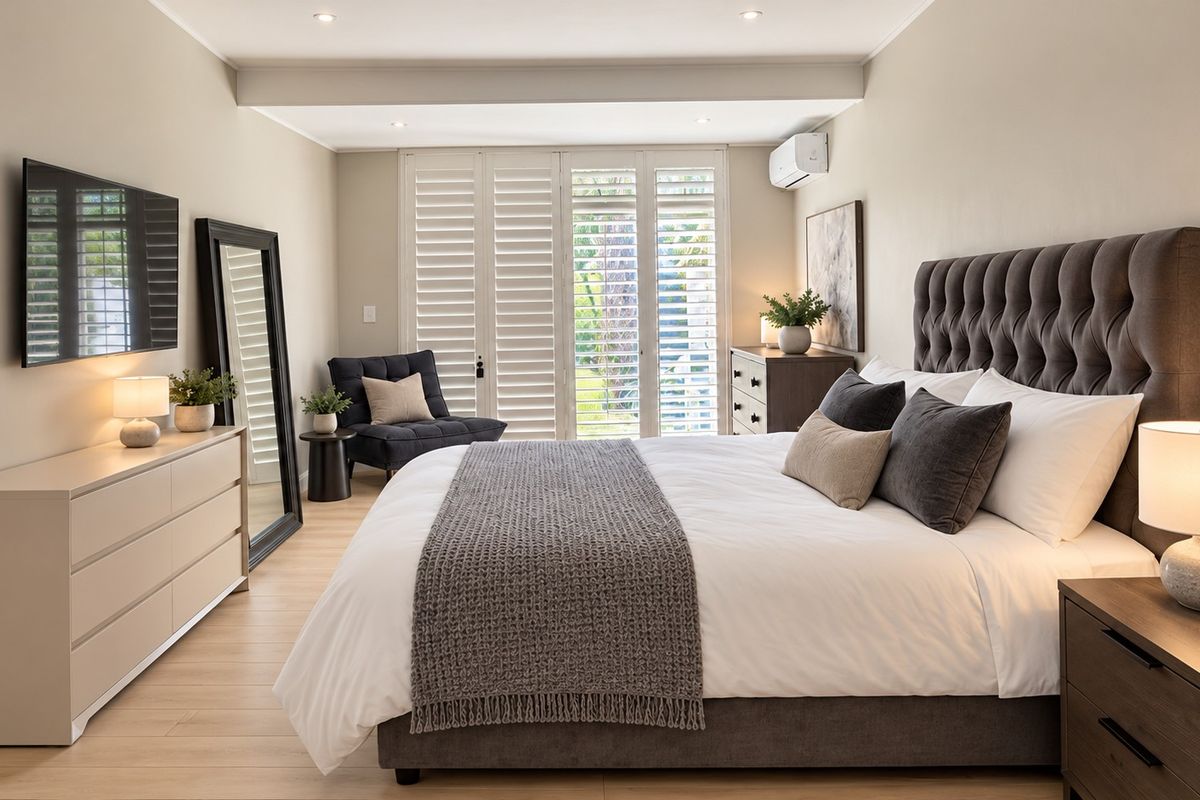 A well-appointed bedroom featuring light laminate flooring, plantation shutters, and a wall-mounted air conditioning unit, creating a bright and comfortable living space.