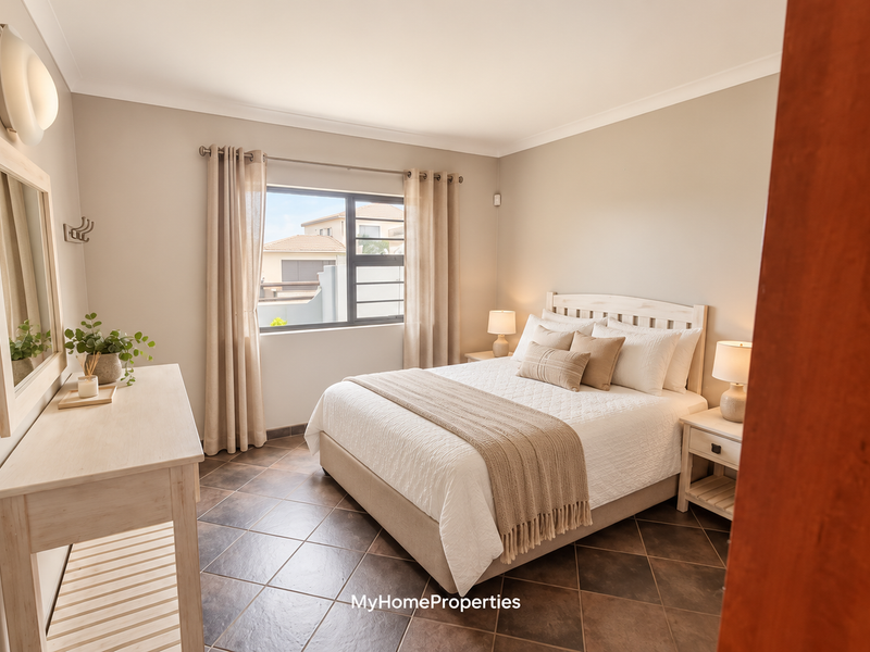 A well-maintained bedroom featuring tiled flooring, neutral wall tones, and a window providing natural light.