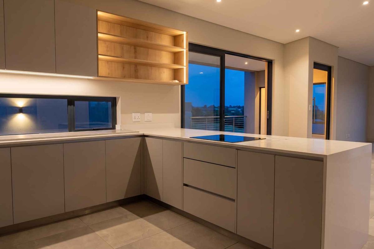 Modern kitchen featuring sleek handleless cabinetry, stone countertops, integrated induction hob, and warm under-cabinet lighting, opening onto an outdoor balcony area.