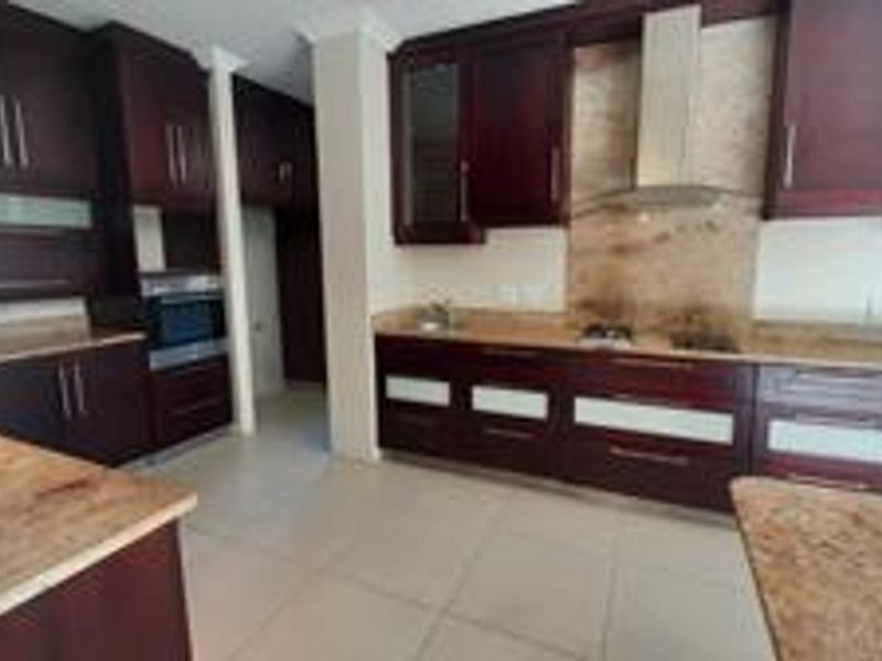 Spacious kitchen featuring dark wood cabinetry, stone countertops, built-in oven, and stainless steel extractor fan with neutral tiled flooring.