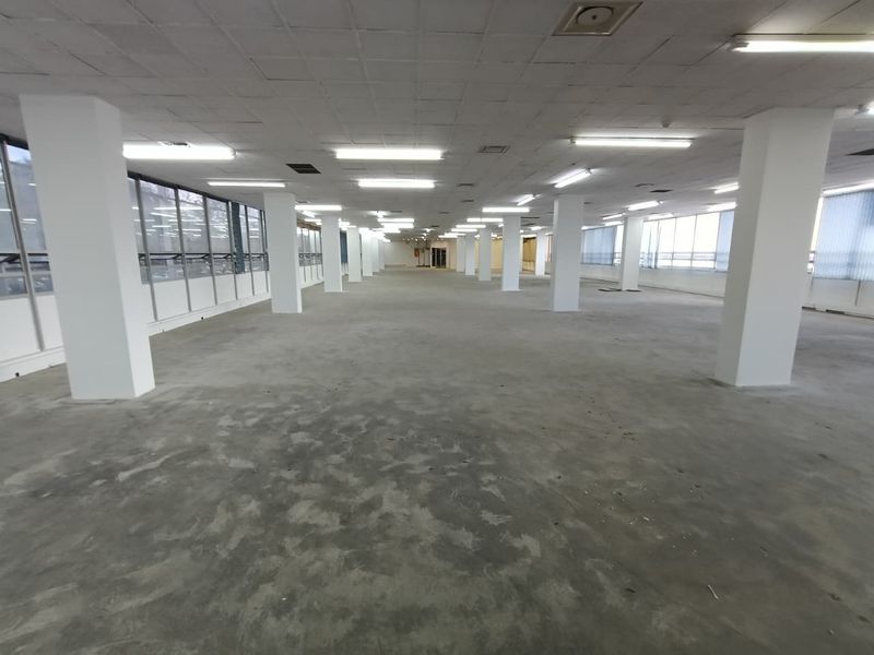 A large, open-plan office space featuring structural columns, extensive window frontage, and a suspended ceiling, currently in a shell condition.