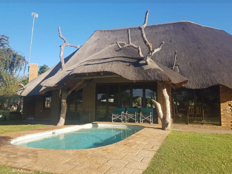 Rear view of a farm-style residence featuring a thatched roof, a swimming pool, and a paved patio area.