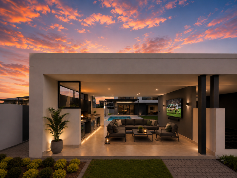 Modern covered patio featuring a built-in braai, outdoor kitchen area, and recessed lighting, overlooking a swimming pool at sunset.
