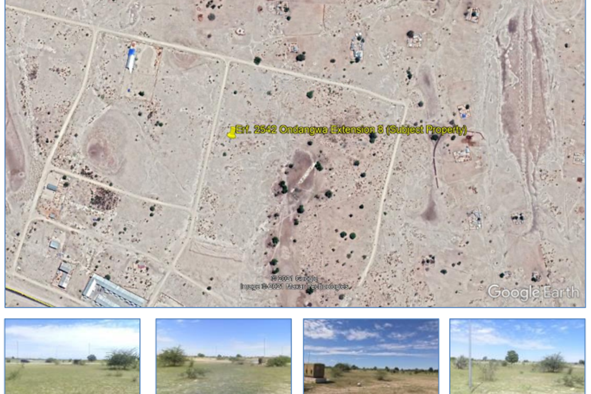 Aerial view and ground-level perspectives of the vacant industrial erf located in Ondangwa Extension 8.