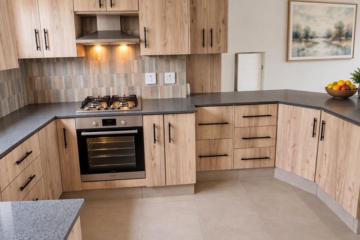 Modern kitchen featuring light wood-grain cabinetry, dark stone countertops, a gas hob, built-in oven, and a stylish tiled backsplash.