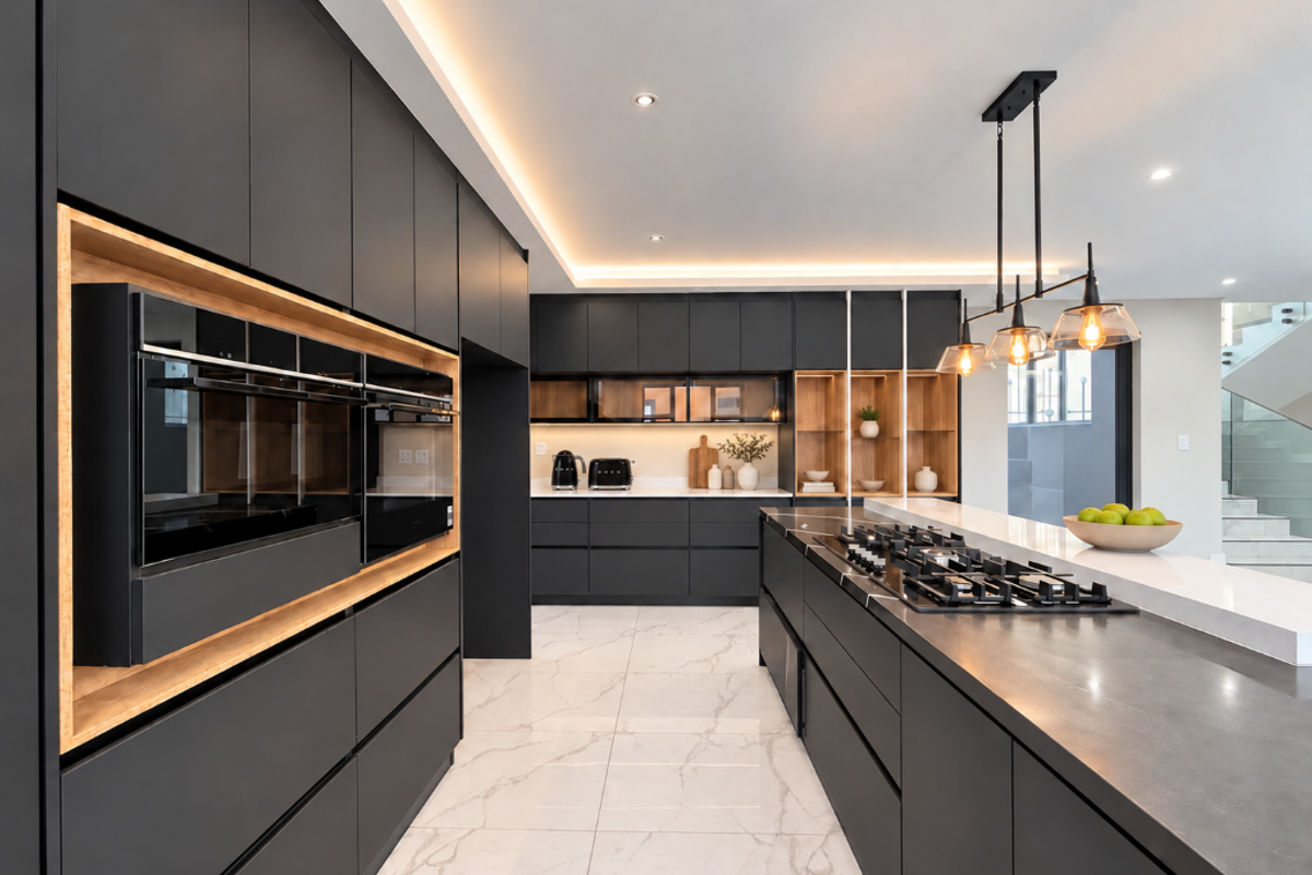 Modern kitchen featuring sleek matte black cabinetry, a large stone island with integrated gas cooktop, built-in appliances, and elegant marble-look flooring.