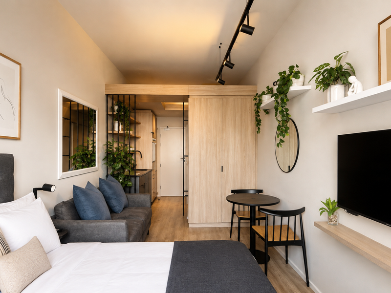 A modern, well-appointed open-plan studio apartment featuring integrated cabinetry, track lighting, and floating shelving, creating a functional and stylish living space.