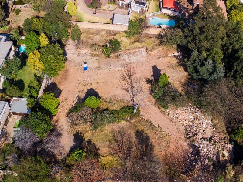 An aerial view of a vacant residential plot featuring mature trees, established boundary vegetation, and some cleared areas ready for development.
