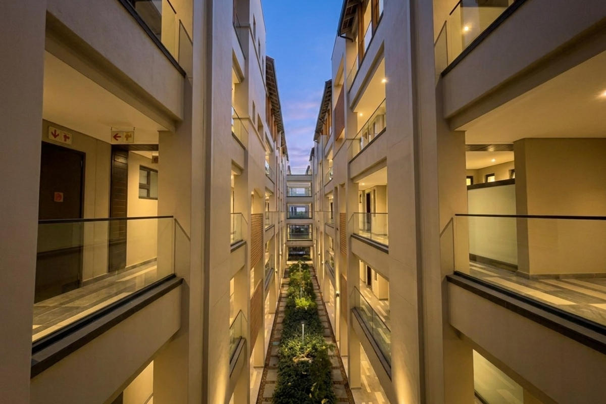 A modern apartment complex featuring multi-level open-air walkways with glass balustrades overlooking a central landscaped courtyard.