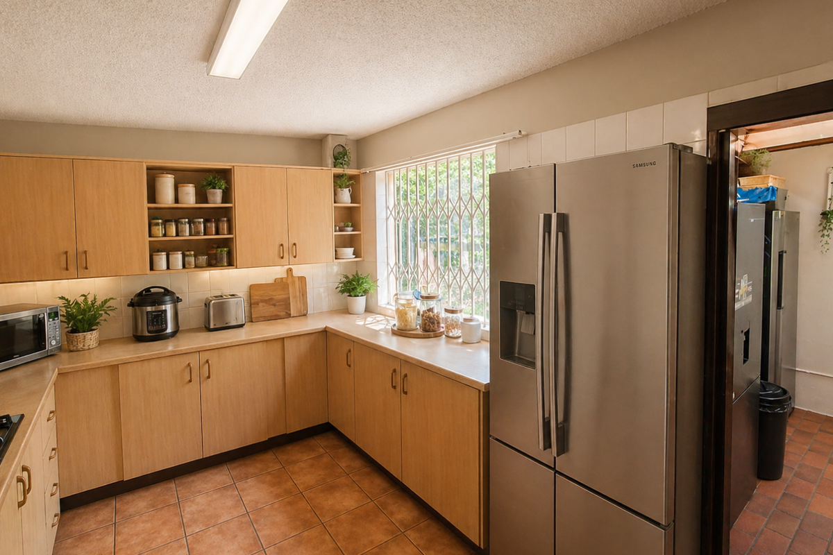 A functional kitchen featuring light wood-tone cabinetry, tiled countertops, and a large stainless steel refrigerator, with direct access to an adjacent utility area.