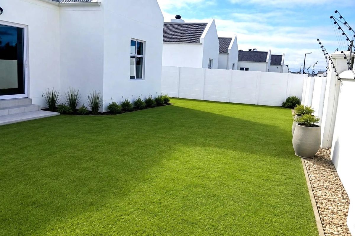 A well-maintained rear garden featuring a manicured lawn, paved patio area, and secure perimeter wall with electric fencing.