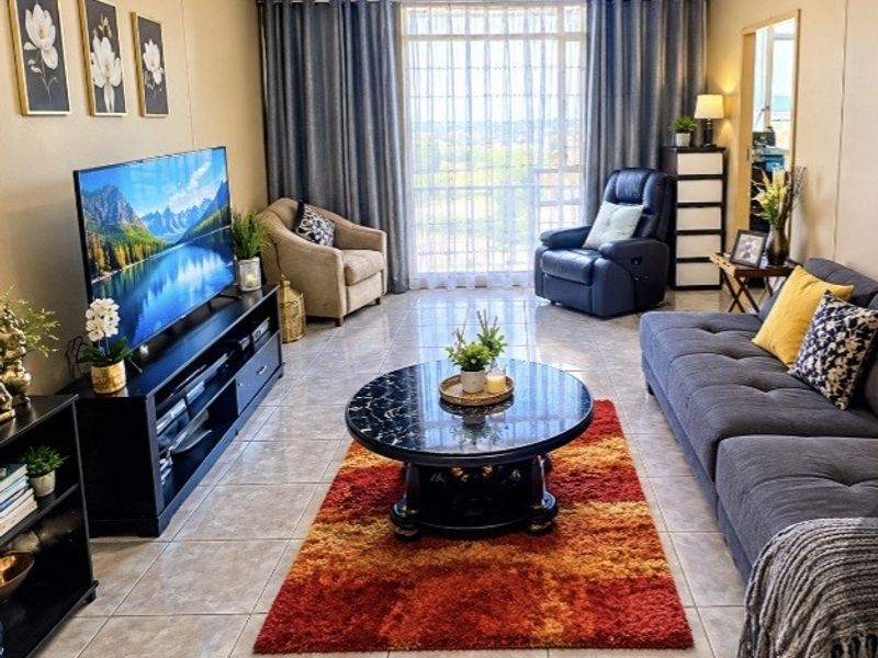 A well-maintained living room featuring neutral tiled flooring and a large sliding glass door that provides natural light and access to the balcony.