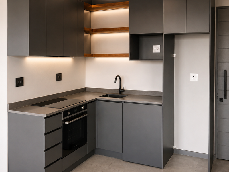 Modern, minimalist kitchen featuring dark grey cabinetry, integrated appliances, open shelving with accent lighting, and sleek matte black fixtures on tiled flooring.
