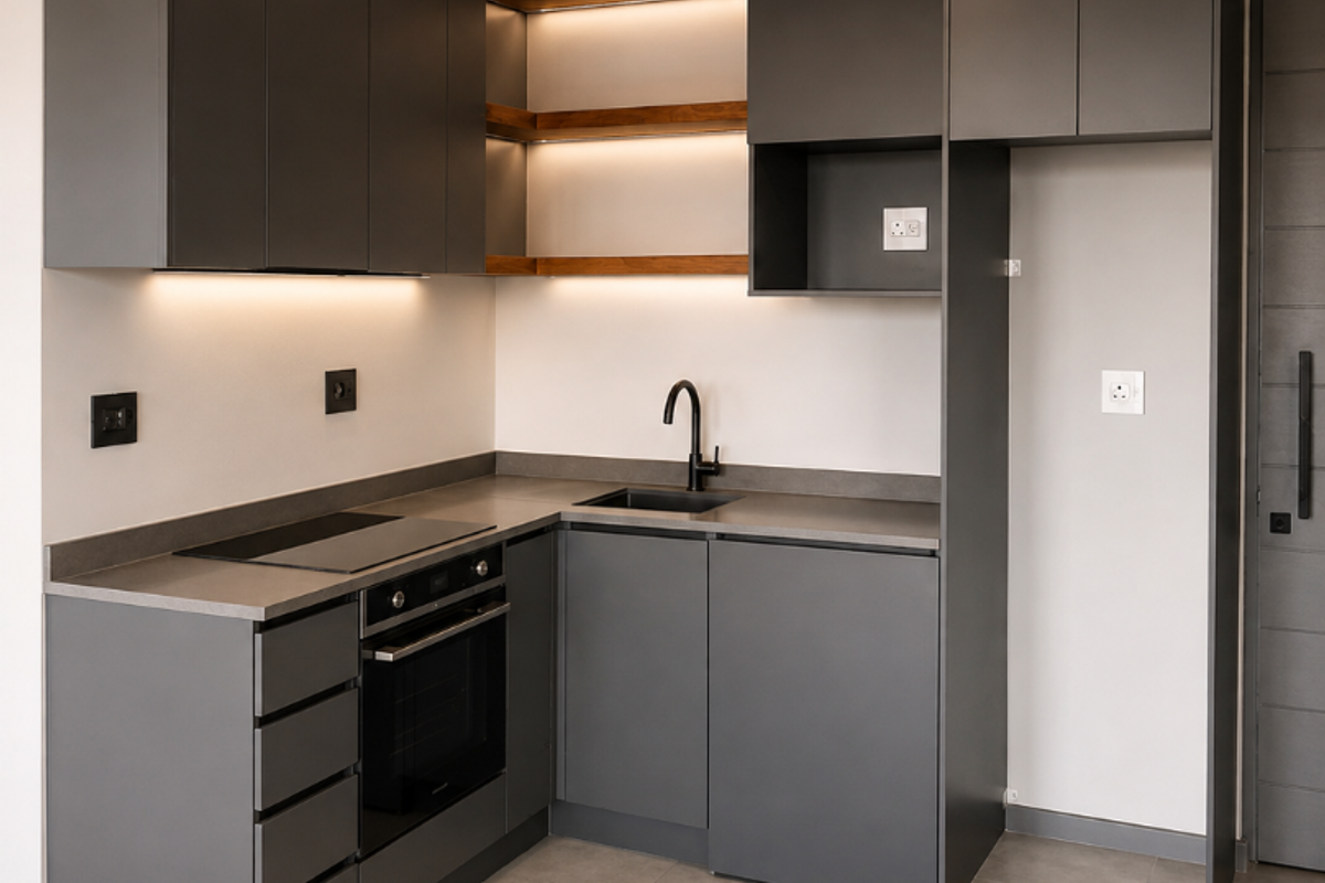 Modern, minimalist kitchen featuring dark grey cabinetry, integrated appliances, open shelving with accent lighting, and sleek matte black fixtures on tiled flooring.