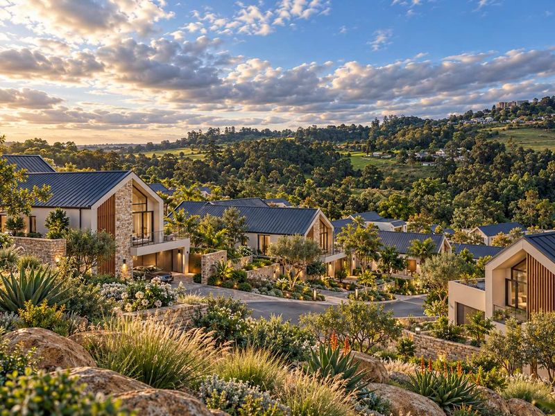 An elevated view of a modern residential estate featuring contemporary homes with stone accents, metal roofs, and lush, professionally landscaped surroundings.