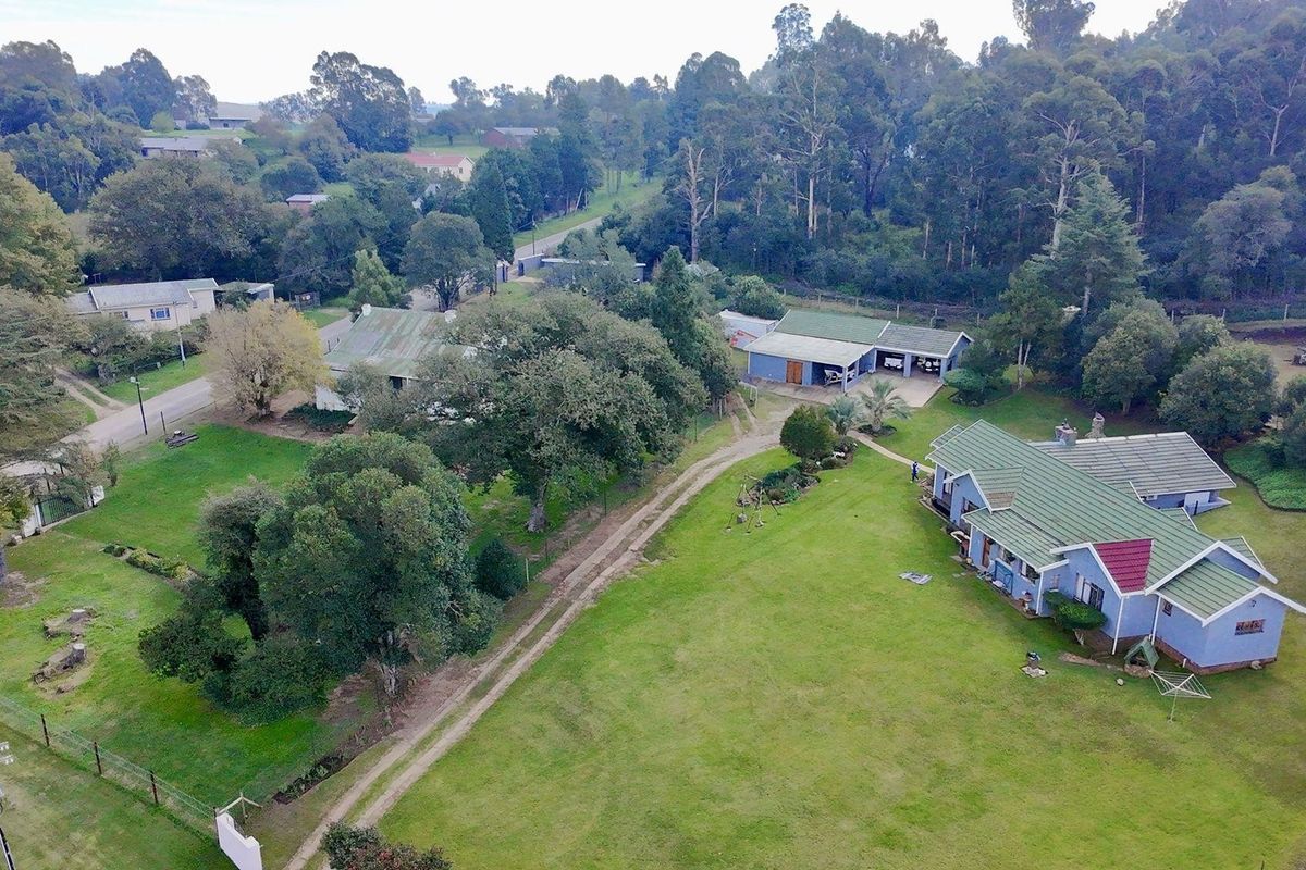 Aerial view of a residential property featuring a main house with a green roof, a detached garage, and expansive surrounding garden grounds.