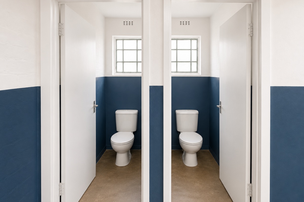 Two separate, clean restroom cubicles featuring modern toilets, industrial-style glass block windows, and a two-tone painted finish.
