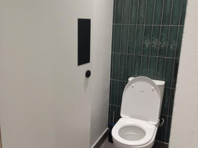 A clean, modern industrial-style restroom featuring a white toilet set against a dark green vertical tiled feature wall and grey floor tiles.
