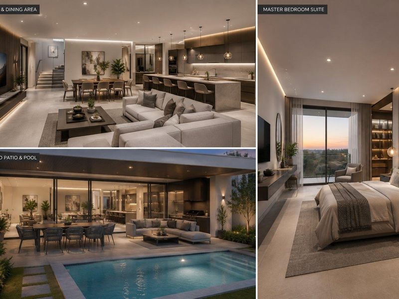 A composite image showcasing a modern open-plan living area, a master bedroom suite, and a covered patio with a swimming pool.