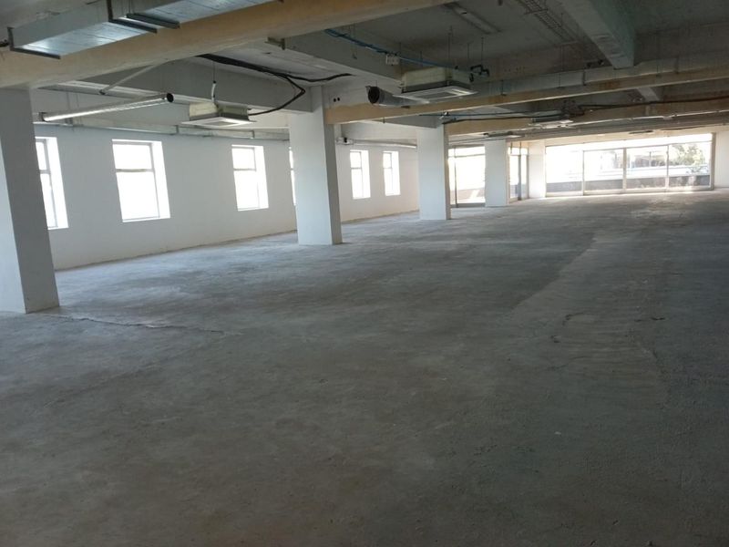 A large, open-plan commercial space featuring exposed concrete ceilings, structural columns, and large windows, providing a blank canvas for custom office or retail fit-outs.