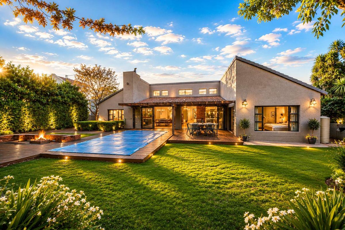 Beautifully landscaped rear garden featuring a swimming pool with deck surround, built-in fire pit, and a covered patio area perfect for outdoor entertaining.