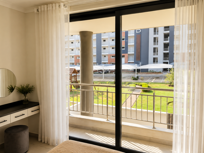 A bright bedroom featuring a built-in vanity and large sliding glass doors that open onto a private balcony with views of the complex grounds.