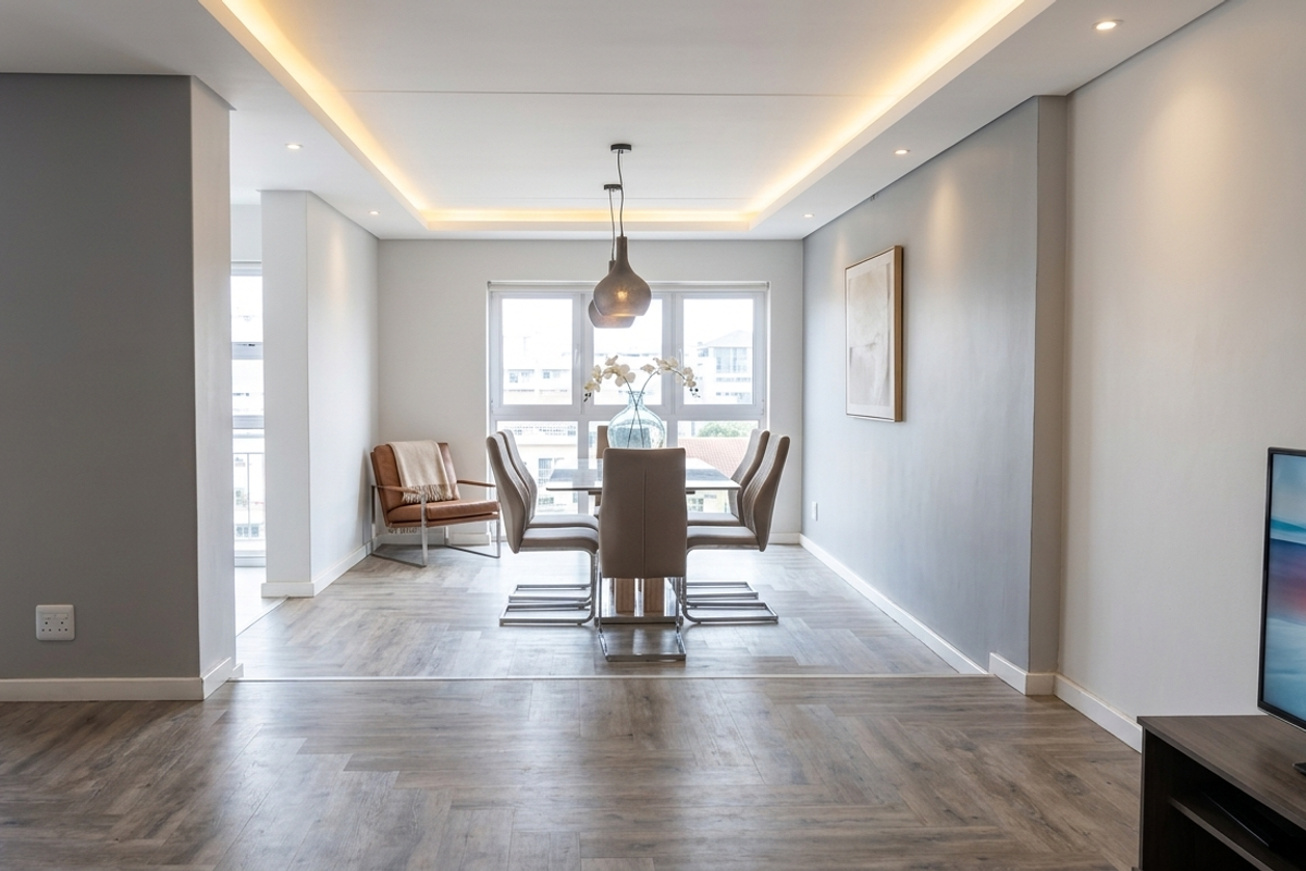 Spacious open-plan living and dining area featuring modern herringbone flooring, recessed cove lighting, and large windows providing ample natural light.