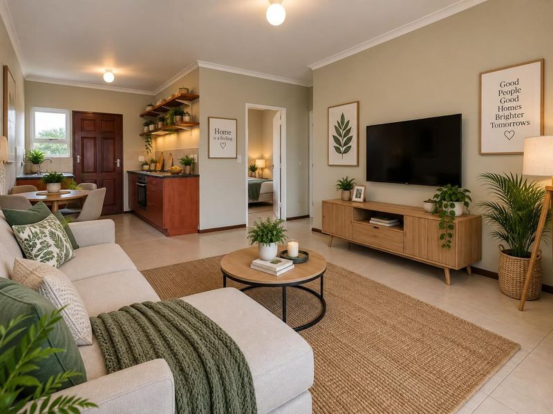 A well-maintained open-plan living and kitchen area featuring tiled floors, modern cabinetry, and a seamless flow between the lounge and dining space.